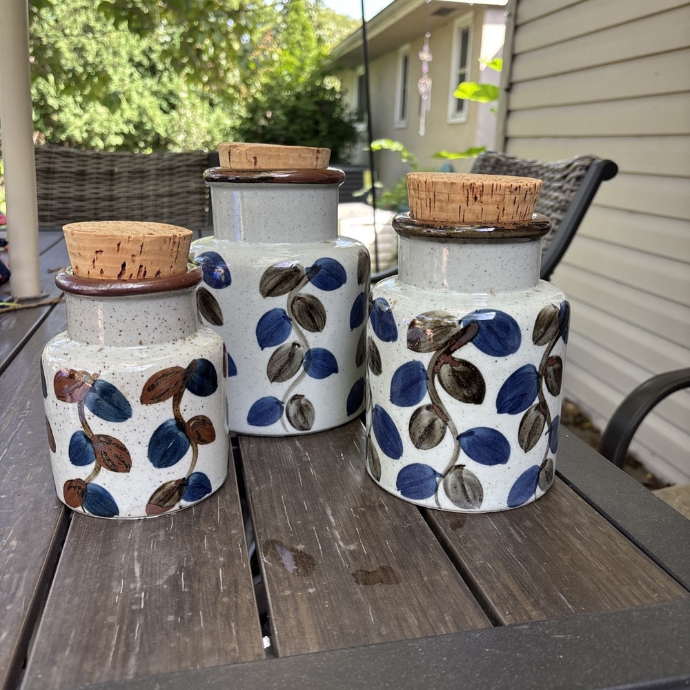 Vintage MCM Stoneware Canister Jars w/ Cork Lids, 3 Piece Set, 5.5", 6.5", 7.5"
